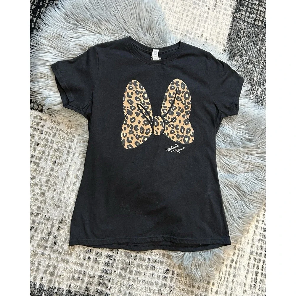 Disney Minnie Mouse Leopard Print‎ Bow Black T-shirt Size Large